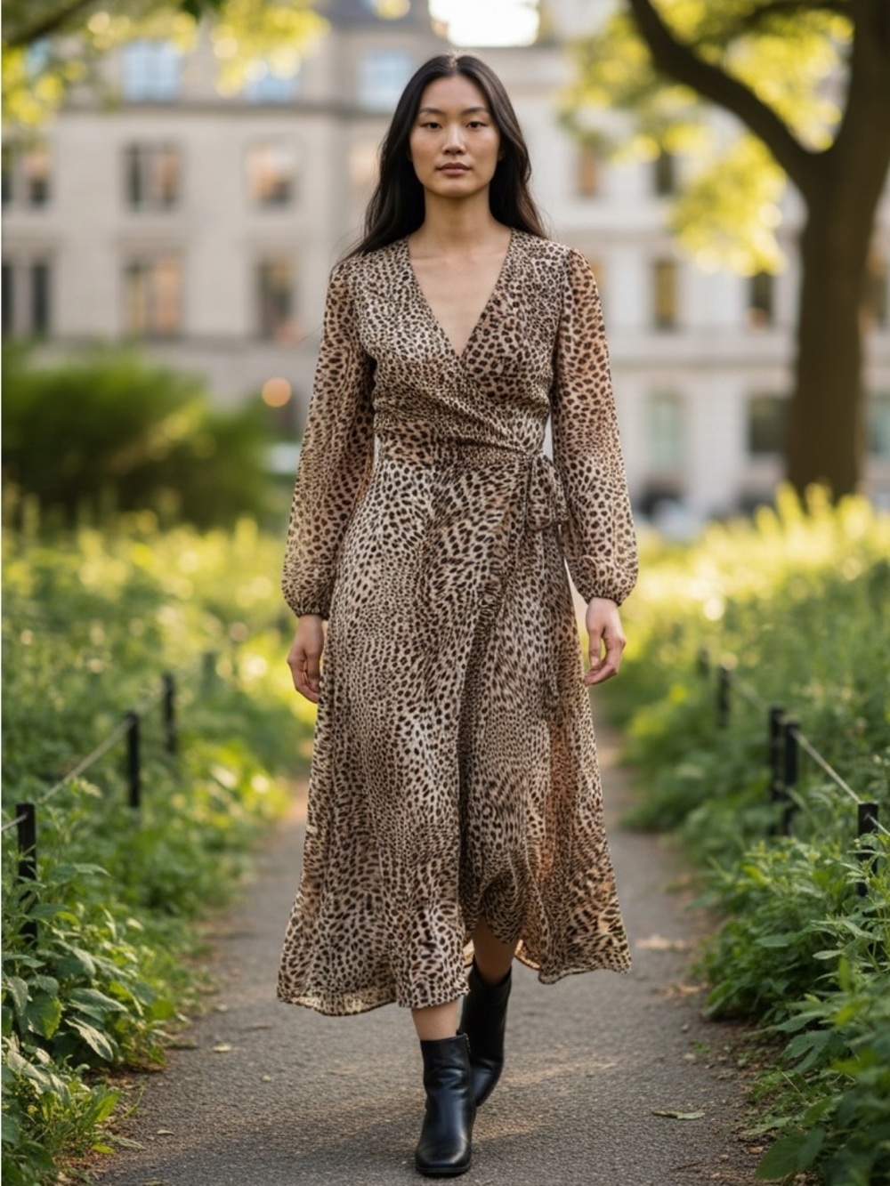 Paris Wrap Midi Dress in Leopard Print - Brown